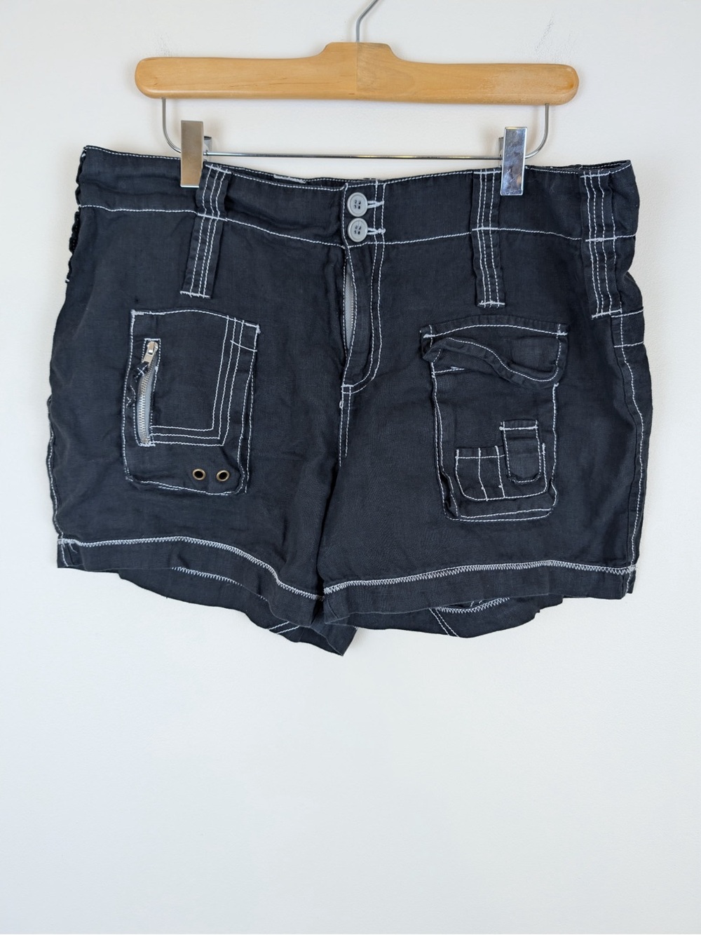 Johnny Was Black Linen Utility Cargo Shorts